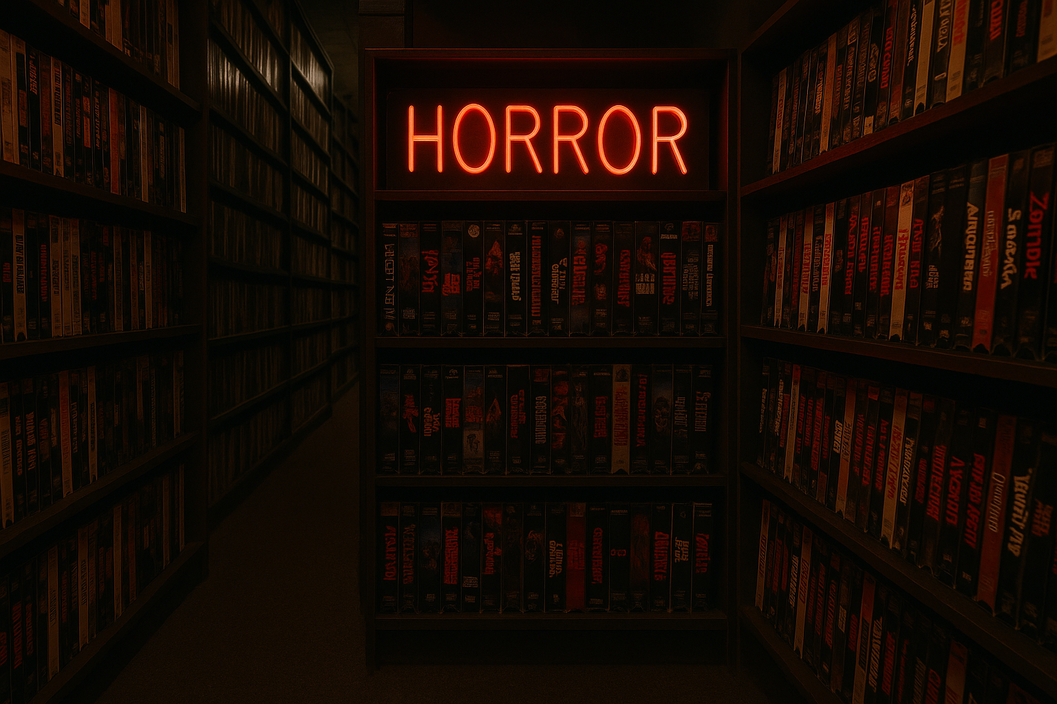 A dimly lit video store aisle with a glowing horror section